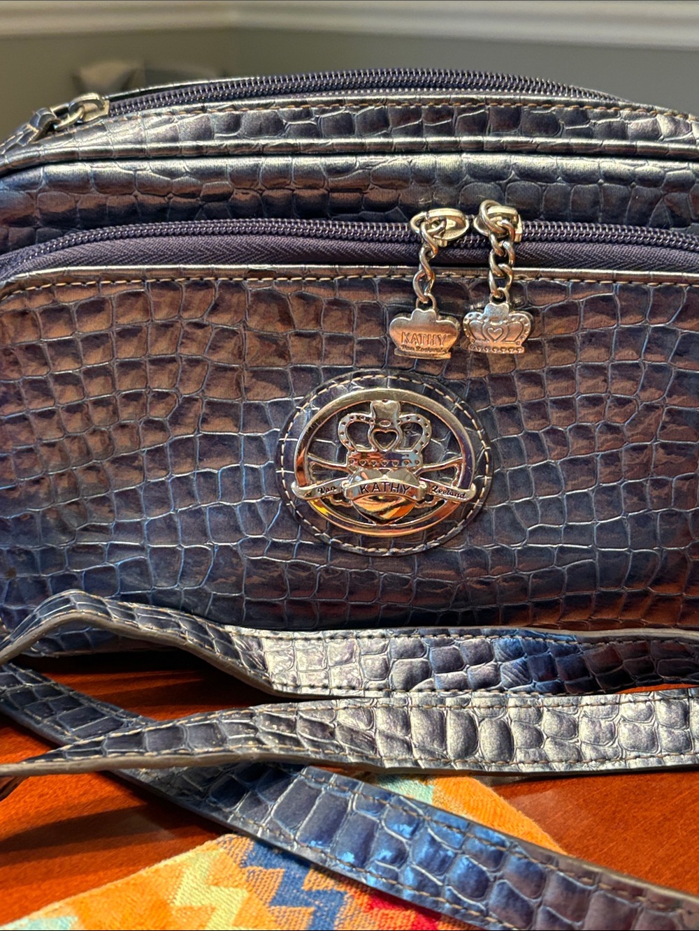 Kathy Van Zeeland Navy Croc-Embossed Messenger Crossbody Bag